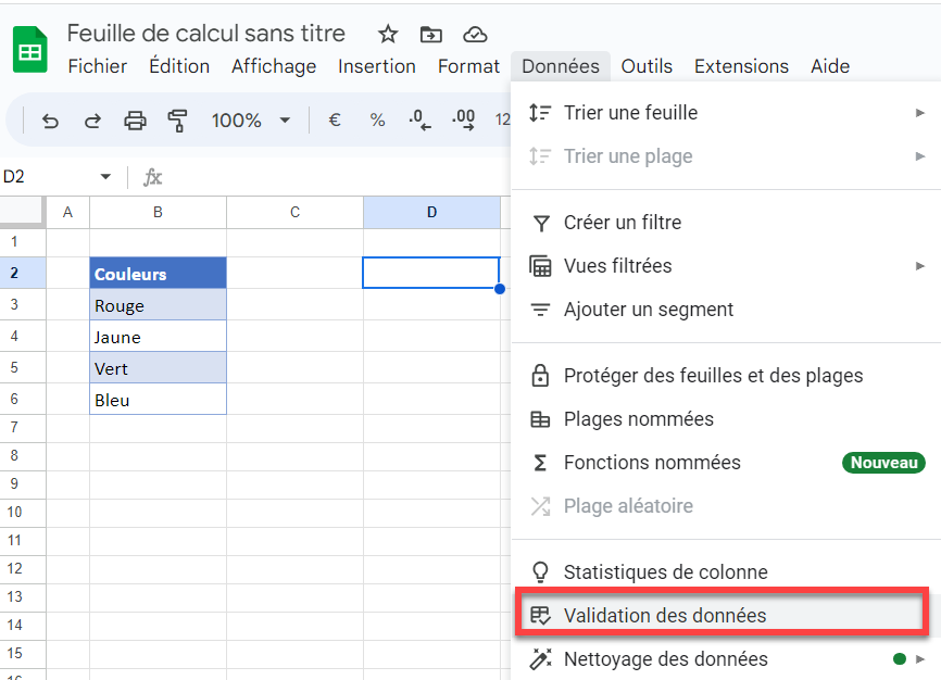 validation donnees google sheets