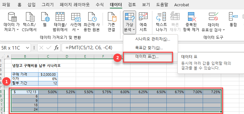 리본에서 데이터표 선택 이중변수