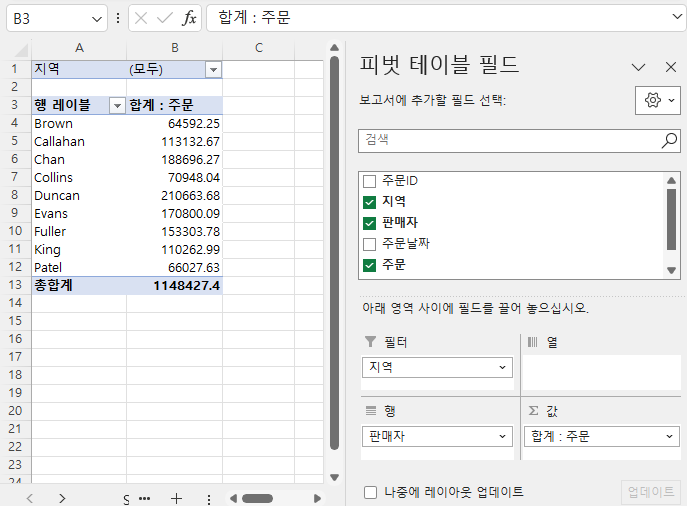 피벗 테이블 필드 패널