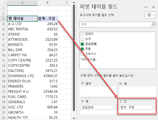 피벗테이블 값 영역 주문 합계