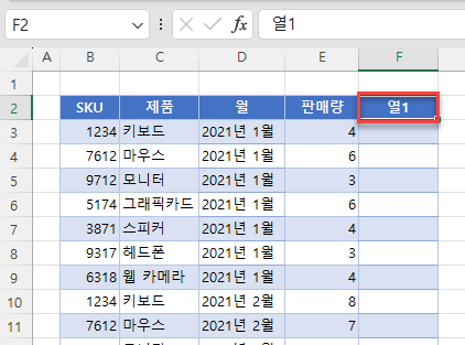 엑셀에서 표에 열을 추가하여 크기를 조정(확장)하는 방법
