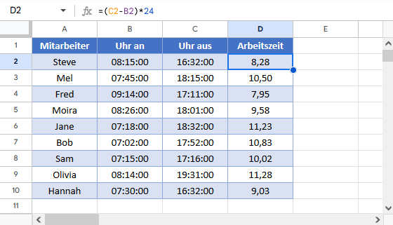 Anzahl Stunden zwischen Zeiten Google Sheets