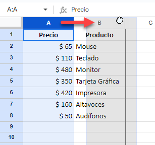 Arrastrar Columna en Google Sheets