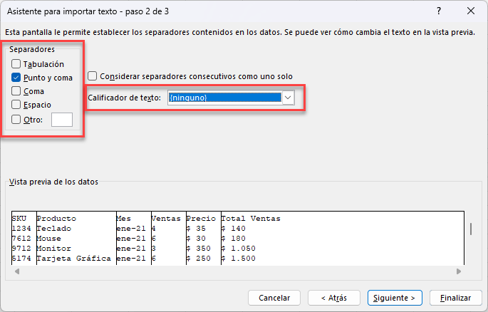 Asistente para Importar Texto Paso 2
