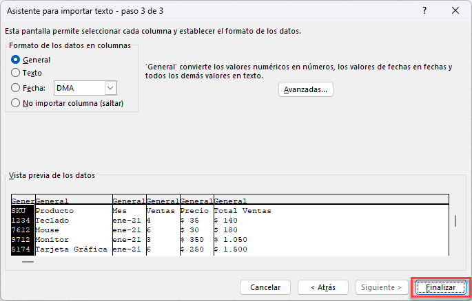 Asistente para Importar Texto Paso 3