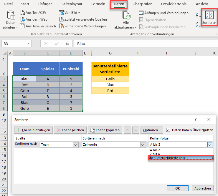 Benutzerdefinierte Sortierliste in Excel generieren