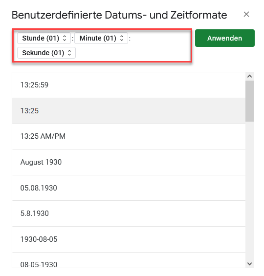 Benutzerdefinierte Zeitformate in Google Sheets anpassen