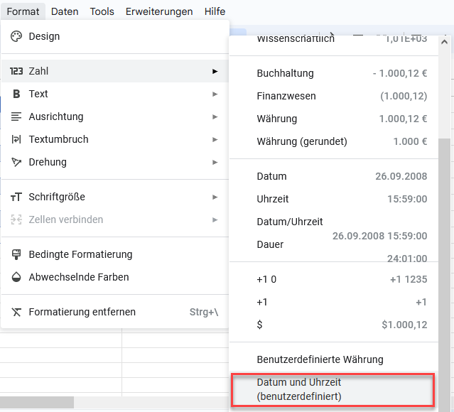 Benutzerdefinierte Zeitformate in Google Sheets anzeigen