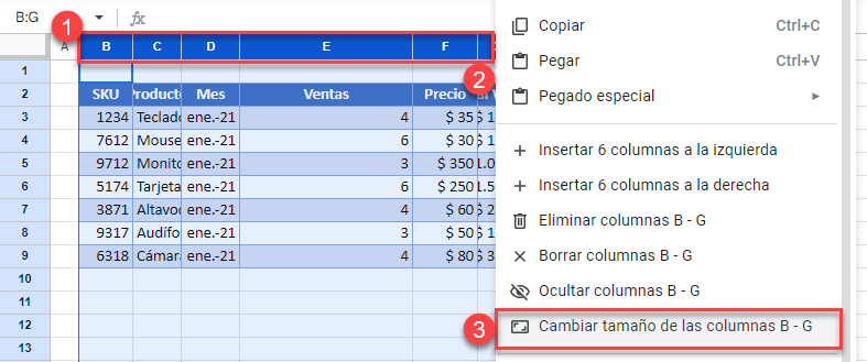 Cambiar Tamaño de las Columnas en Google Sheets