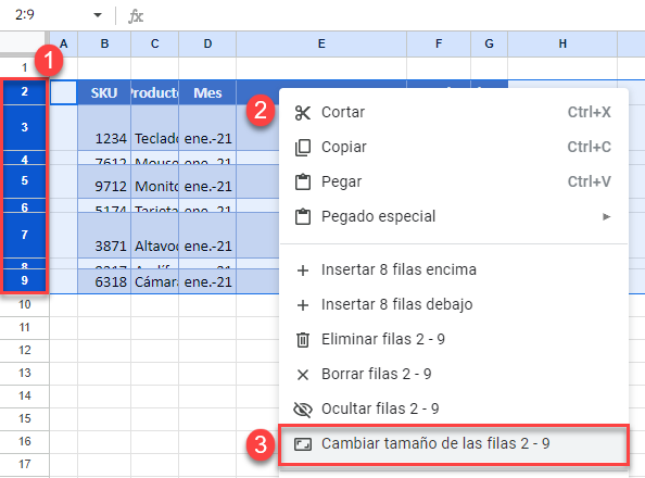 Cambiar Tamaño de las Filas en Google Sheets