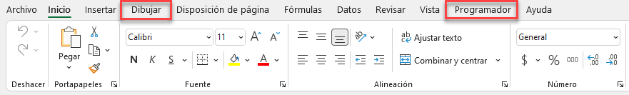 Cinta de Opciones con Pestañas Dibujar y Programador