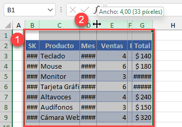 Clic para Arrastrar o Redimensionar Columnas