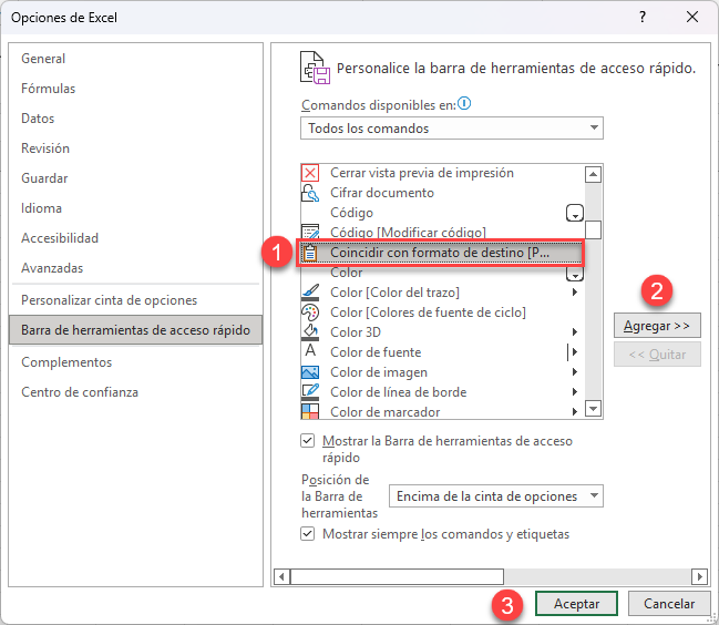 Comando Coincidir con formato de Destino