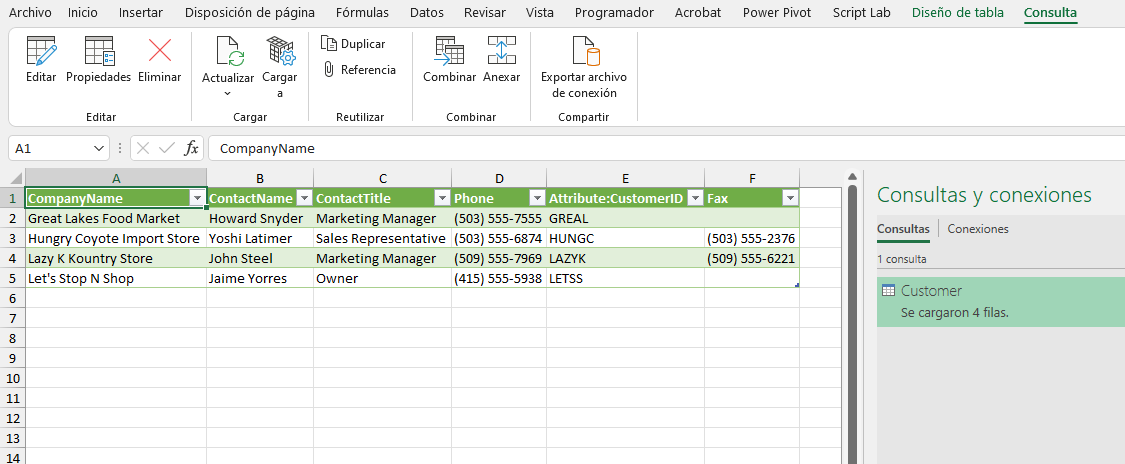 Consulta de Datos Cargada en Excel