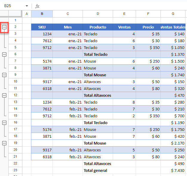 Contraer Grupos en Google Sheets