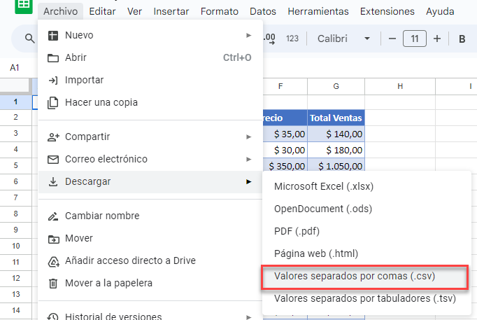 Descargar Archivo como Valores Separados por Comas en google Sheets