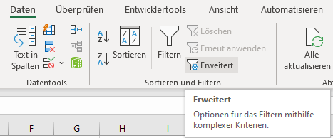 Doppelte Werte filtern Option Erweitert