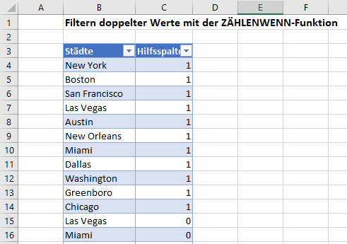 Doppelte Zeilen mit ZAEHLENWENN Formel Filter aktiviert