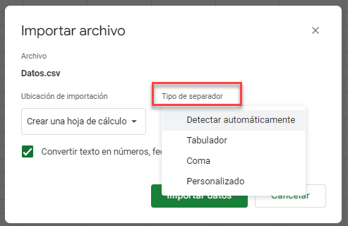 Elegir Tipo de Separador del Archivo a Importar en Google Sheets