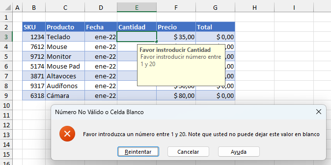Error al Dejar en Blanco la Celda Validada