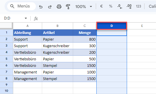 Erste nicht verwendete Spalte markieren GS