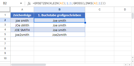 Ersten Buchstaben gross schreiben Google Sheets