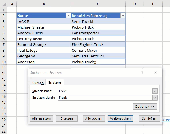 Excel Funktion Suchen und Ersetzen mit Platzhalter Sternchen verwenden