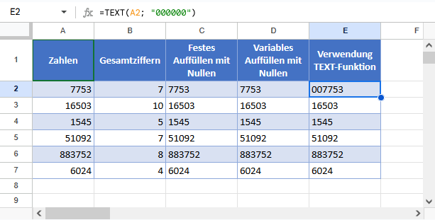 Fuehrende Nullen zu Zahlen hinzufuegen Google Sheets