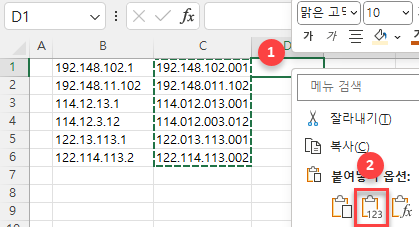 IP주소 수식 결과 복사 붙여넣기