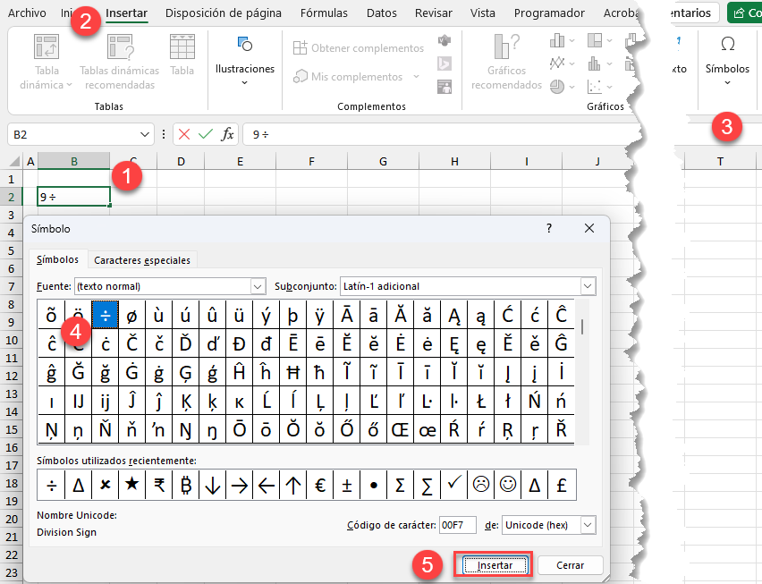 Insertar Signo de División como Texto