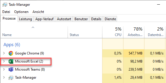 Laufende Excel Instanzen