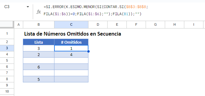 Lista de Números Omitidos en Secuencia en Google Sheets