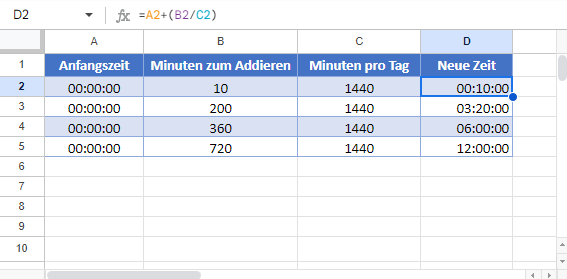 Minuten zur Zeit addieren Google Sheets