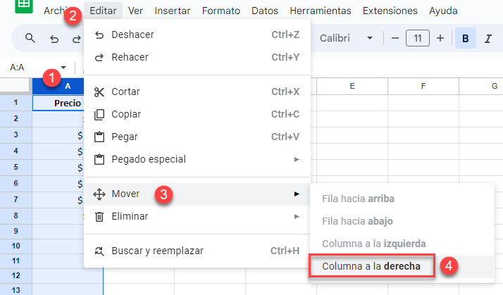 Mover Columnas Desde el Menú en Google Sheets