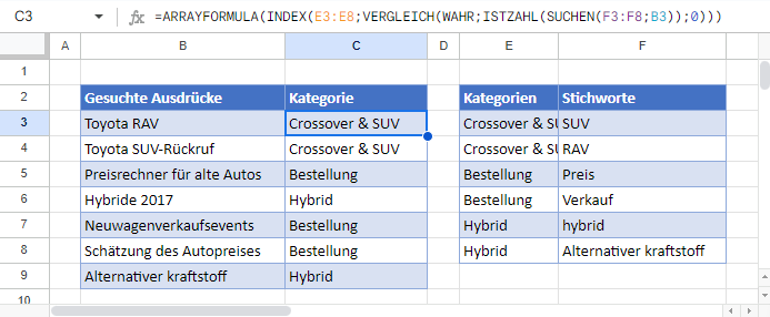 Nach Stichworten suchen Google Sheets