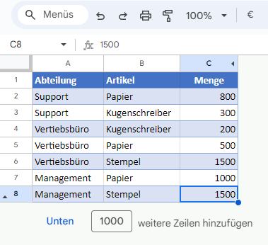 Nicht verwendete Zeilen ausgeblendet GS