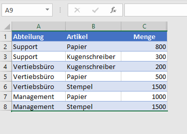 Nicht verwendete Zeilen ueber Kontextmenue ausgeblendet