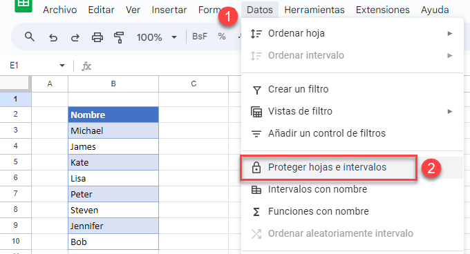 Opción Proteger Hojas e Intervalos en Google Sheets