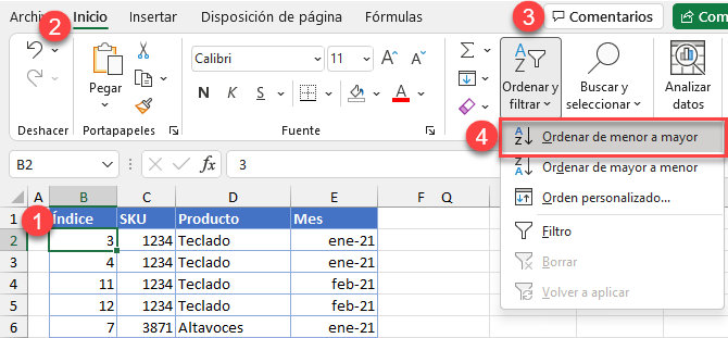 Ordenar por Columna Índice