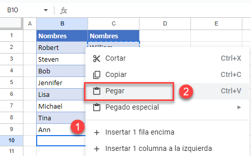 Pegar Selección en Google Sheets