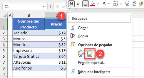 Pegar en Excel