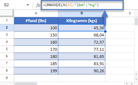 Pfund in Kilogramm umrechnen Google Sheets