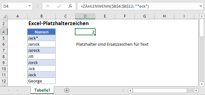 Platzhalterzeichen in Excel Hauptfunktion