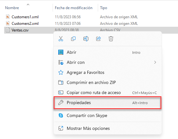 Propiedades de Archivo CSV