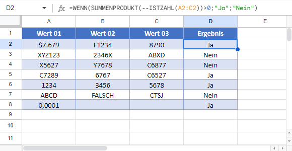 Pruefen ob Zelle Zahl enthaelt Google Sheets