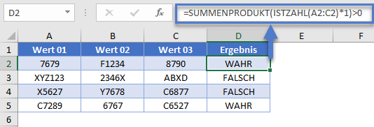 Pruefen ob Zelle Zahl enthaelt SUMMENPRODUKT ISTZAHL Funktion Beispiel2