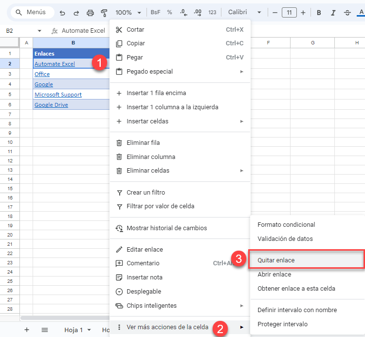 Quitar Enlace en Google Sheets