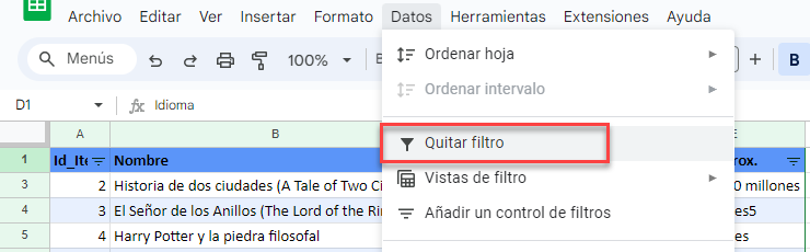 Quitar Filtro en Google Sheets