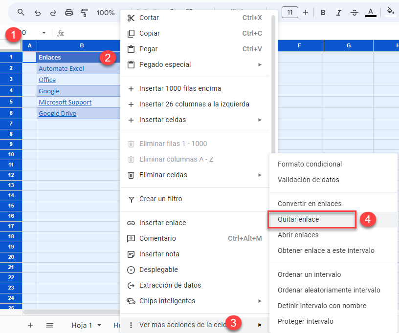 Quitar Todos los Enlaces en Google Sheets