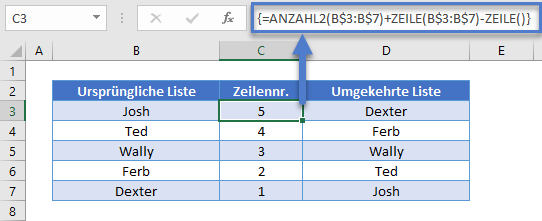 Reihenfolge Liste oder Bereich umkehren Zeile ermitteln